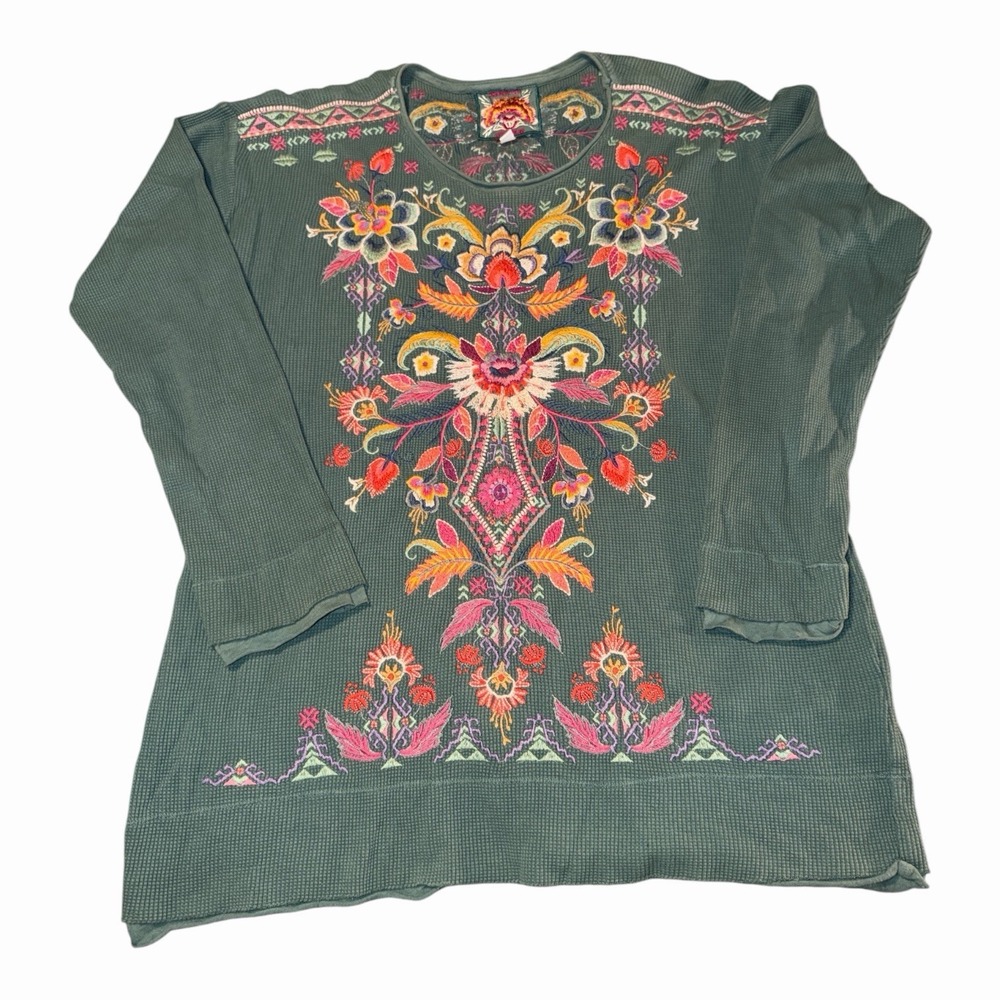Johnny Was Green Floral Embroidered Waffle Knit Thermal Top M Boho Cottagecore